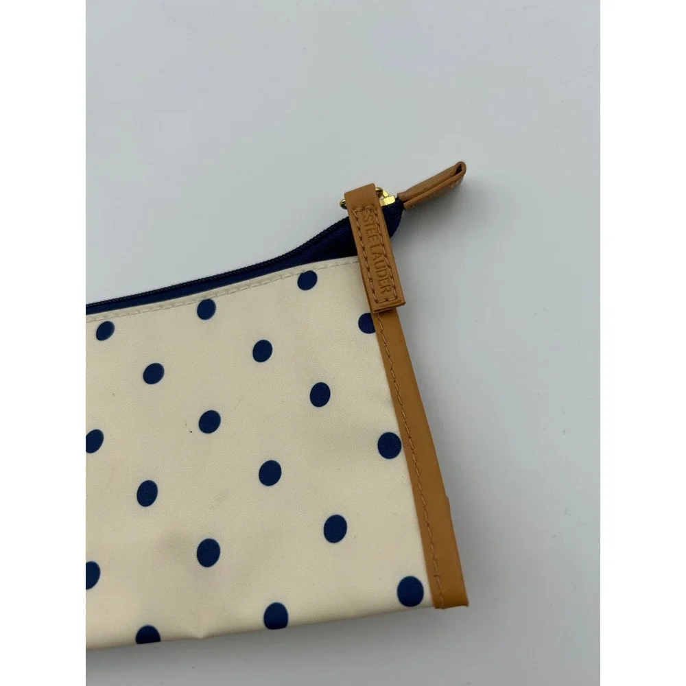 Estee Lauder Polka Dot Makeup Bag‎ Cream Navy Blue Tan Trim Cosmetic Pouch